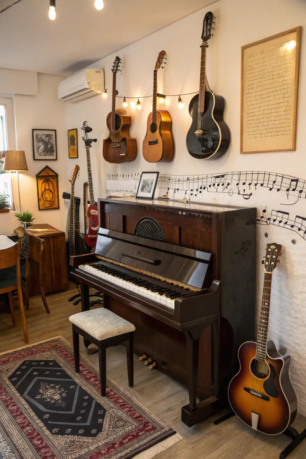 A music-themed room showcasing an upright piano and other displayed instruments.