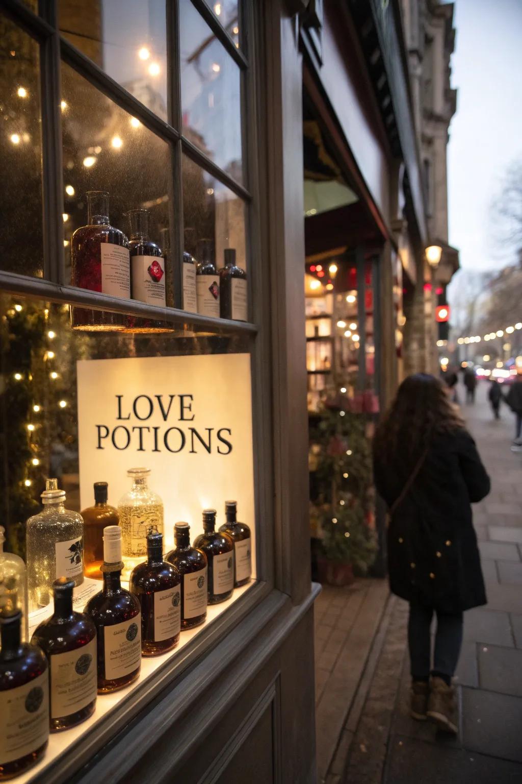 A mystical romance drink exhibit adds mystique to the heart of Valentine’s window scene.