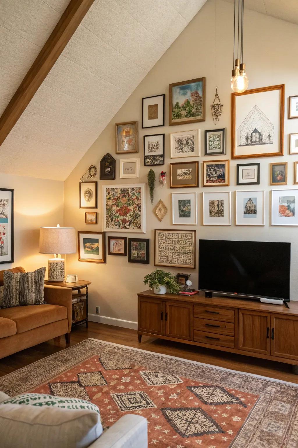 A family room showcasing a vaulted ceiling and a curated wall collection