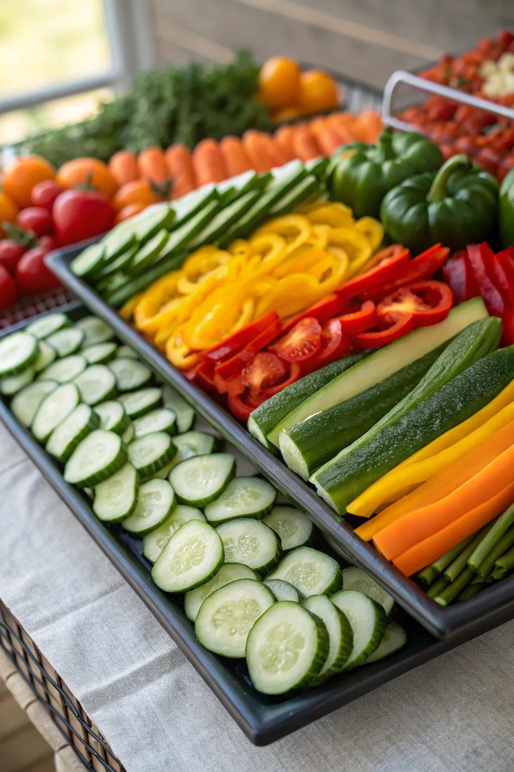 Layered vegetable tray with dynamic height variations.