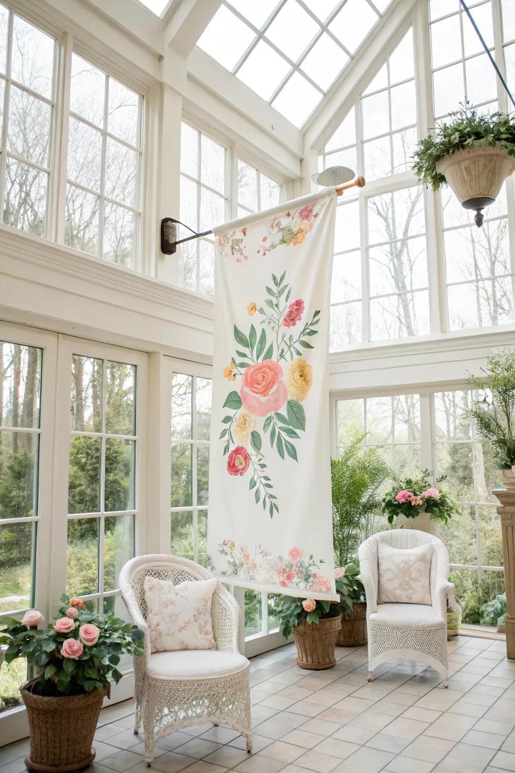 A flower-themed design adds a refined touch to a sun-filled room.