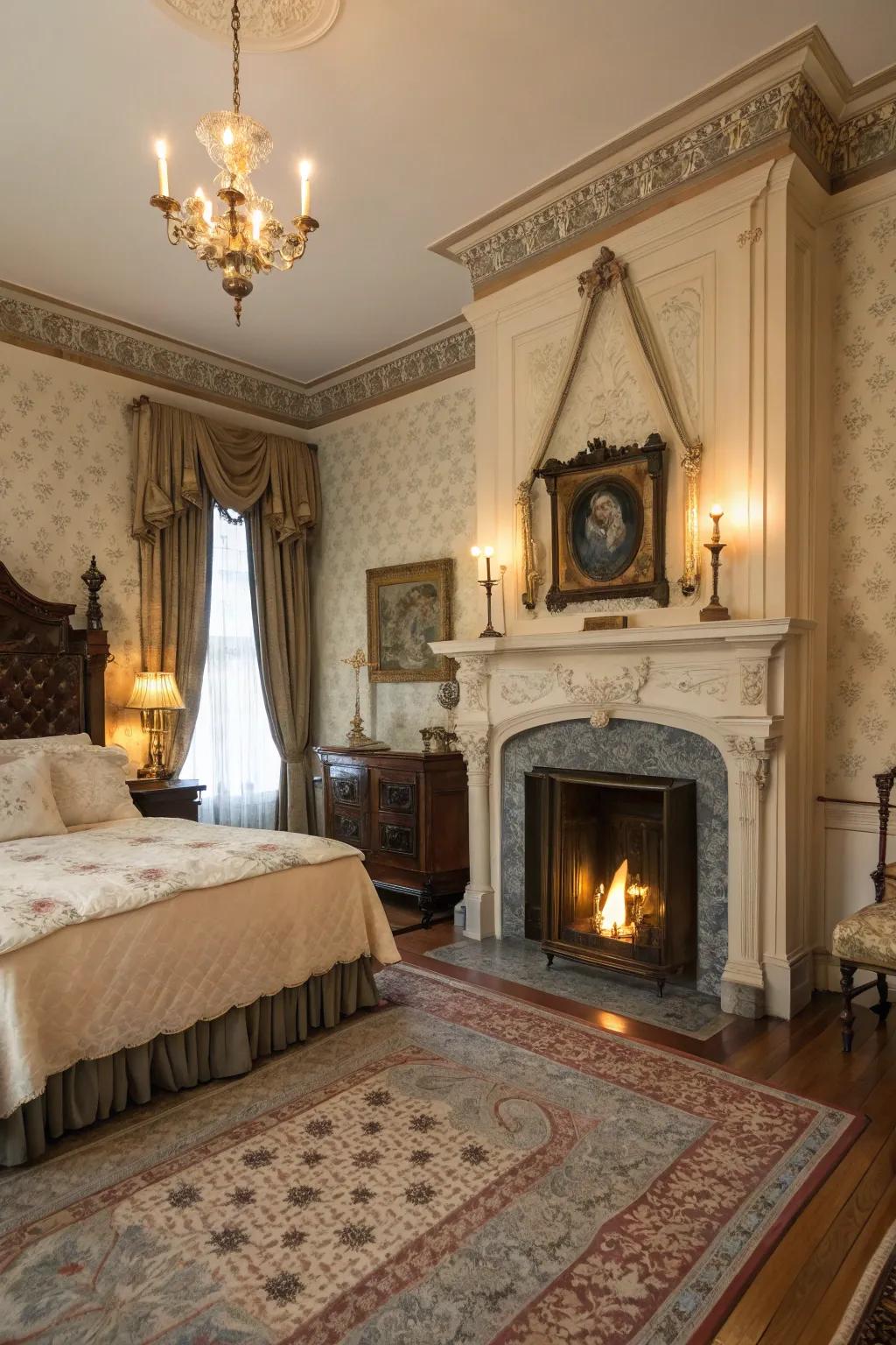 A make believe fireplace creates a cozy, genuine Victorian feel.