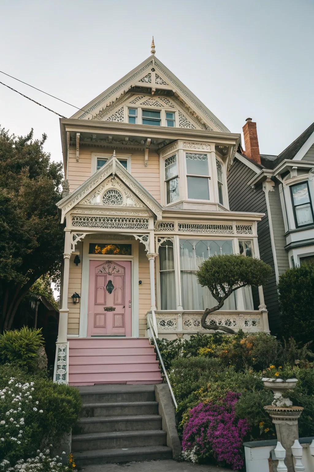 A pastel door contributes a quirky touch to this Victorian facade.