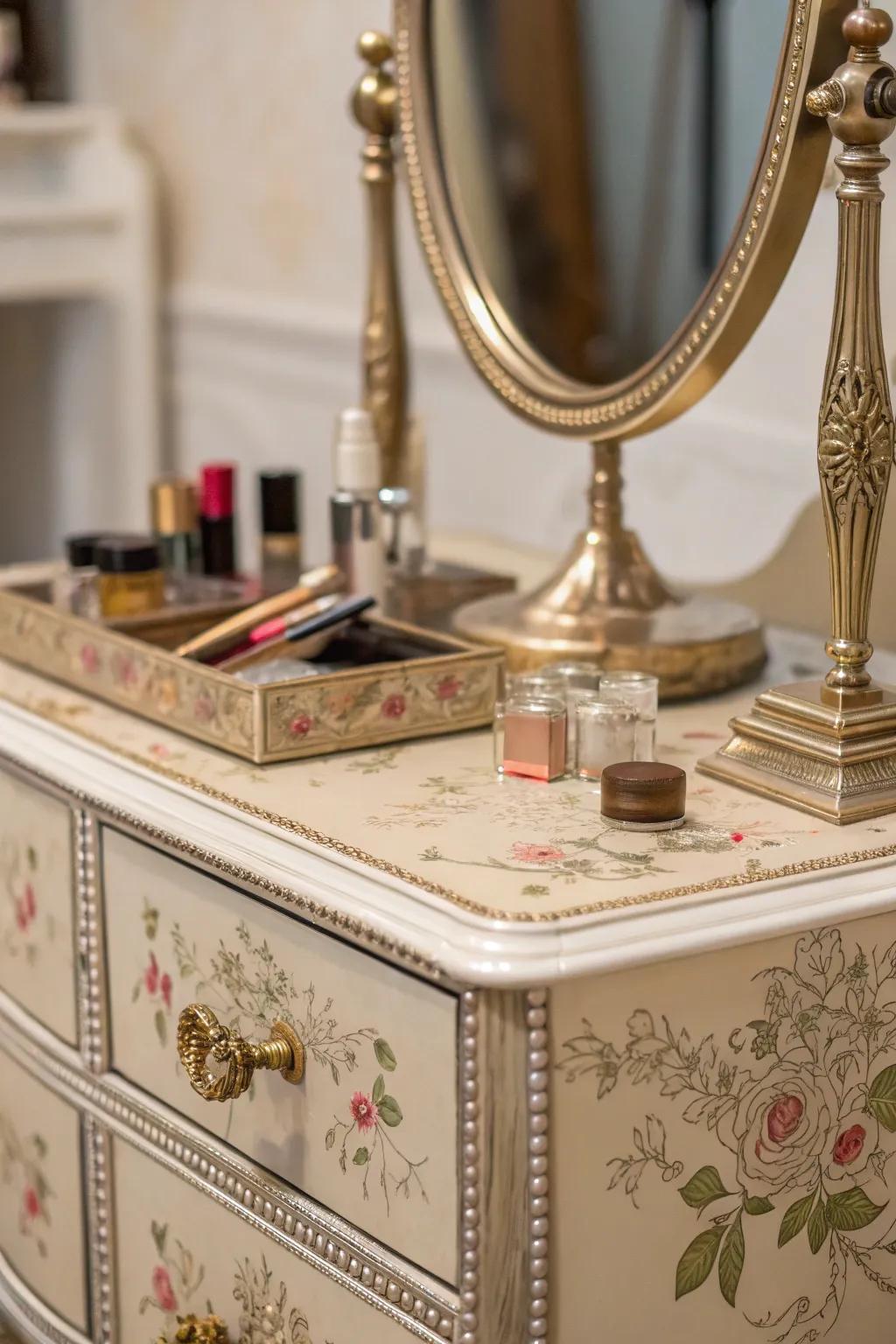Metal touches bring sophistication to your vintage vanity aesthetic.