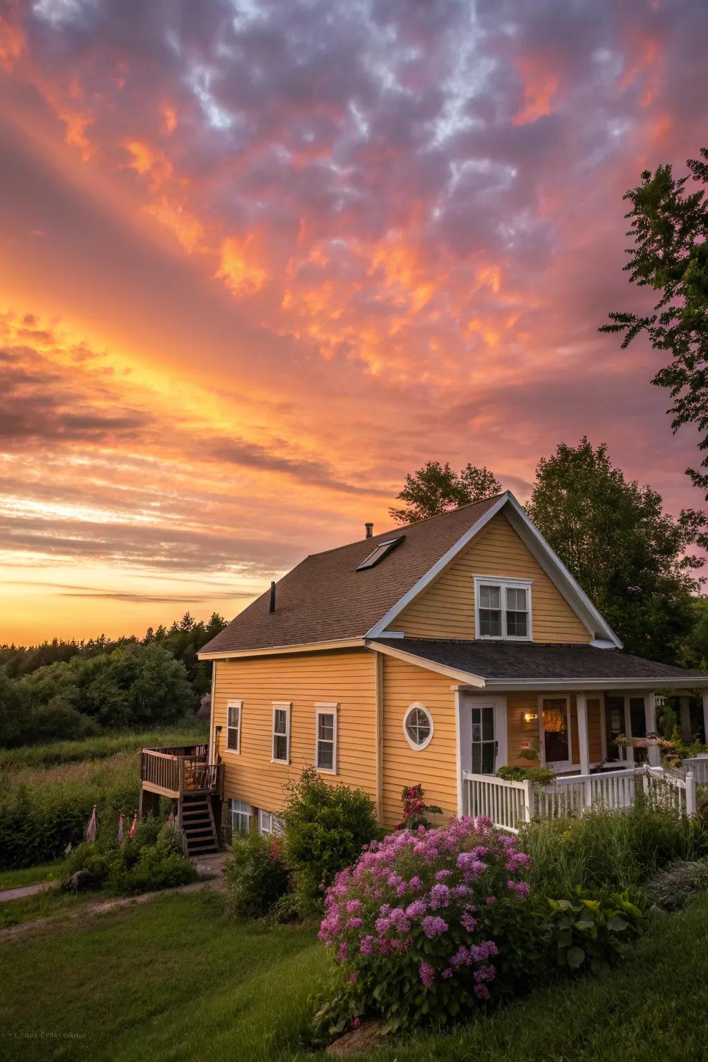 Ochre siding provides a warm and inviting glow.