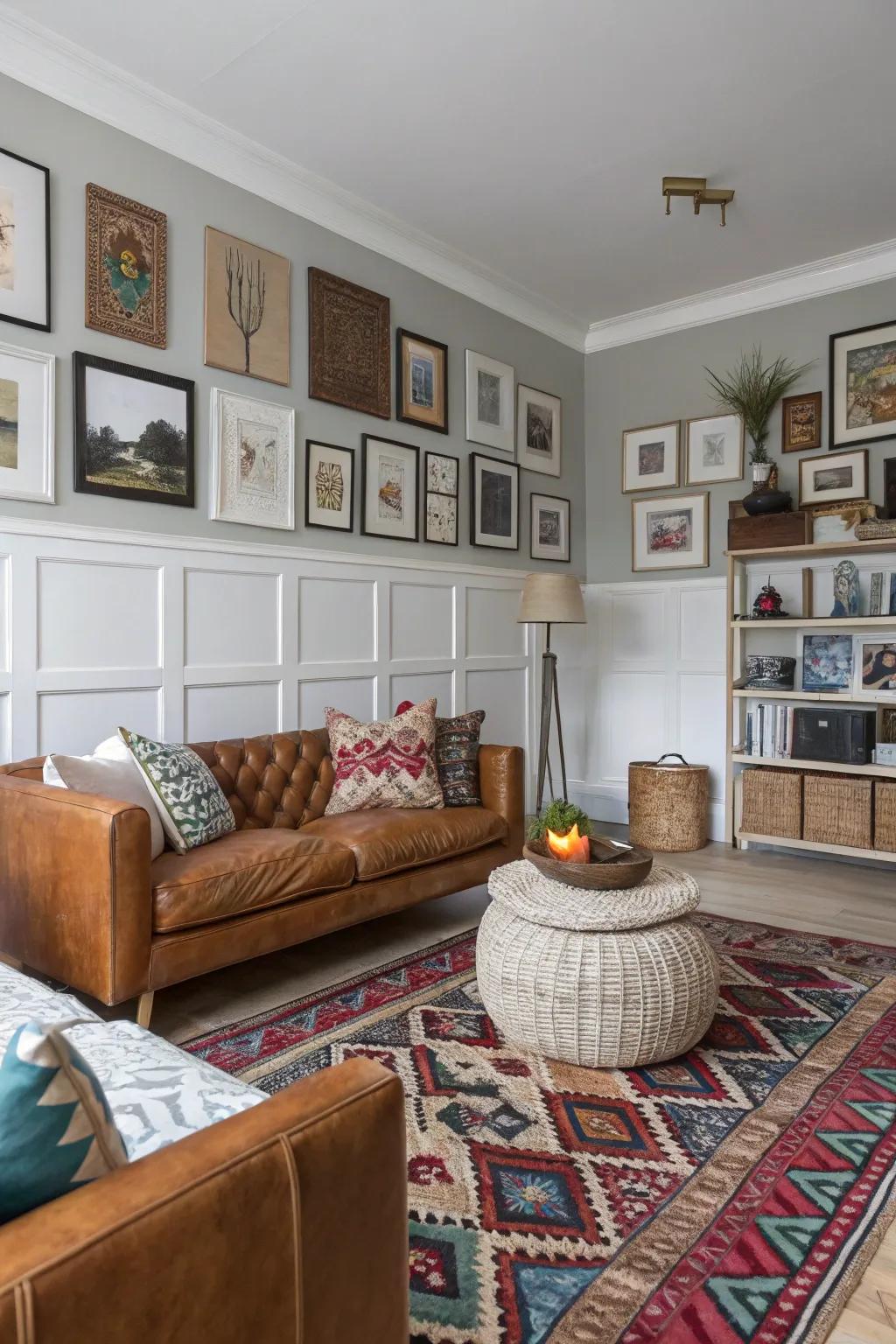 A recreational chamber exhibiting blended wainscoting aesthetics for an eclectic expression.