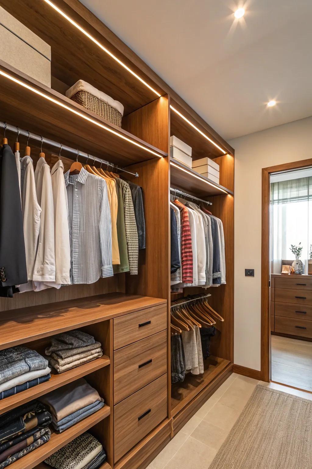 Natural wood elements create a warm and inviting atmosphere in the closet.
