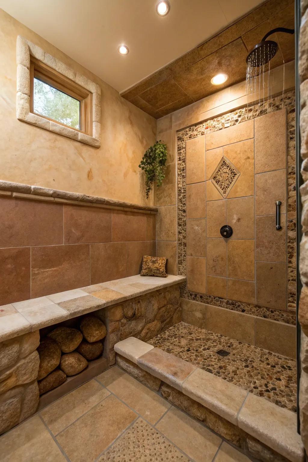A natural stone bench brings an earthy, ageless appeal to the shower.