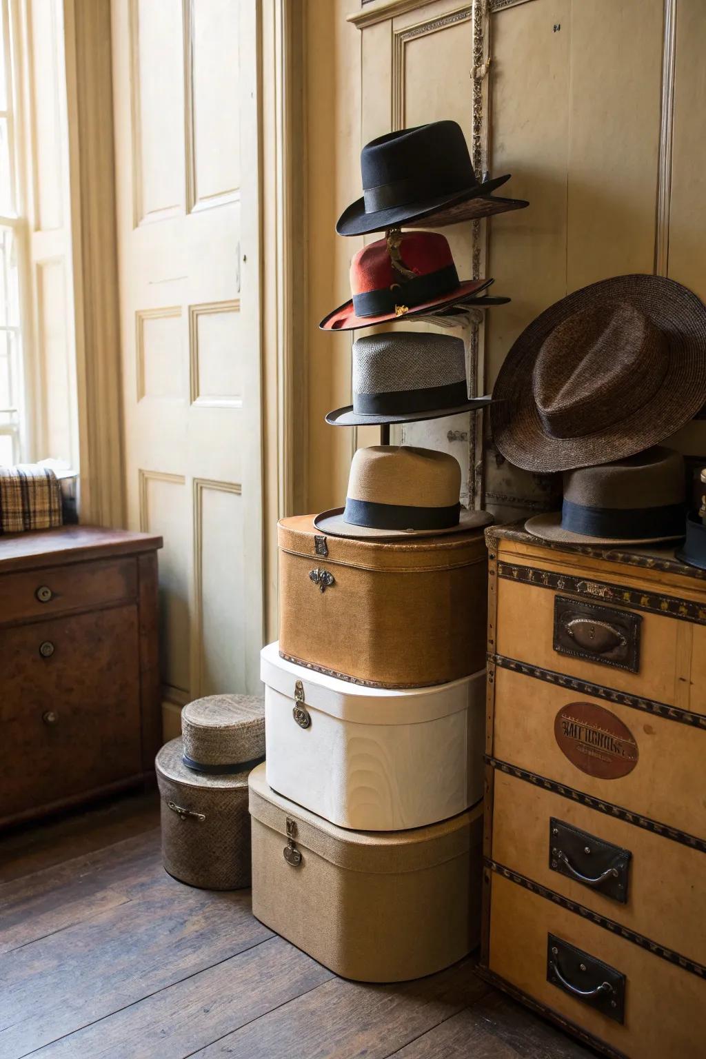 A classic headwear display utilizing vintage storage boxes.