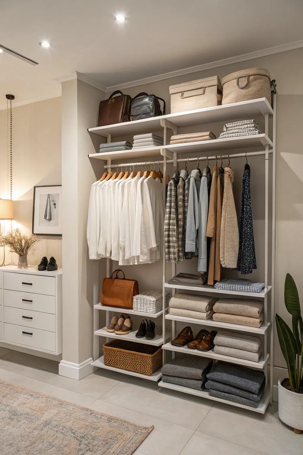 A well-organized room featuring a wall-mounted clothing rack with multiple shelves.