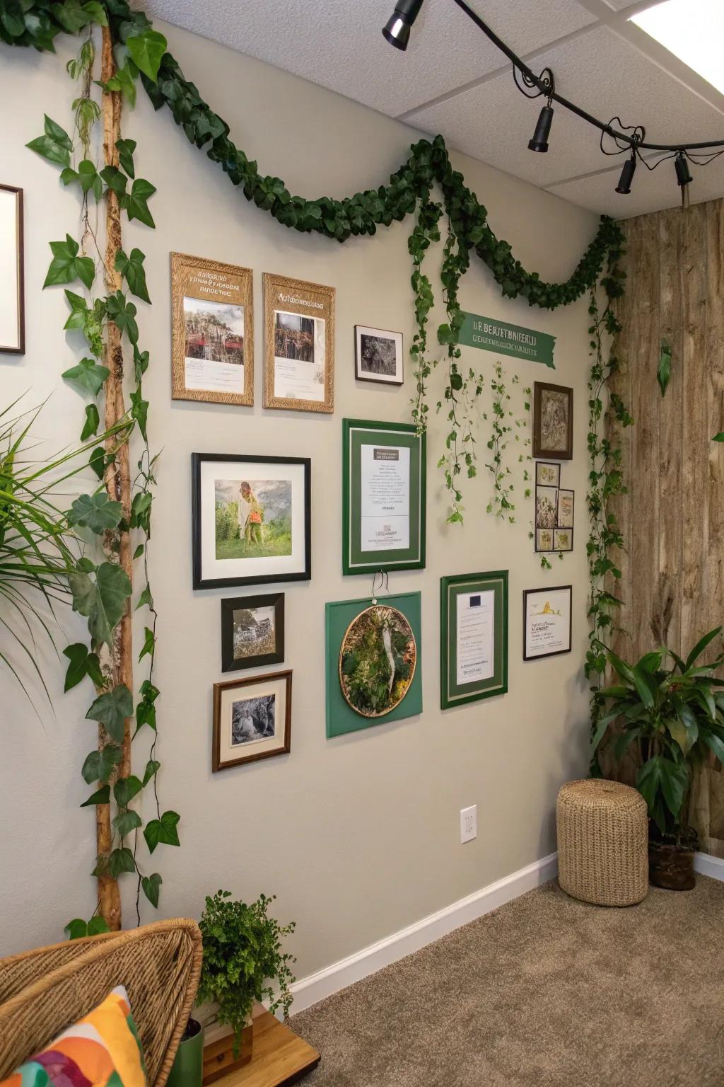 Nature-inspired accents adding freshness to a wall of fame.