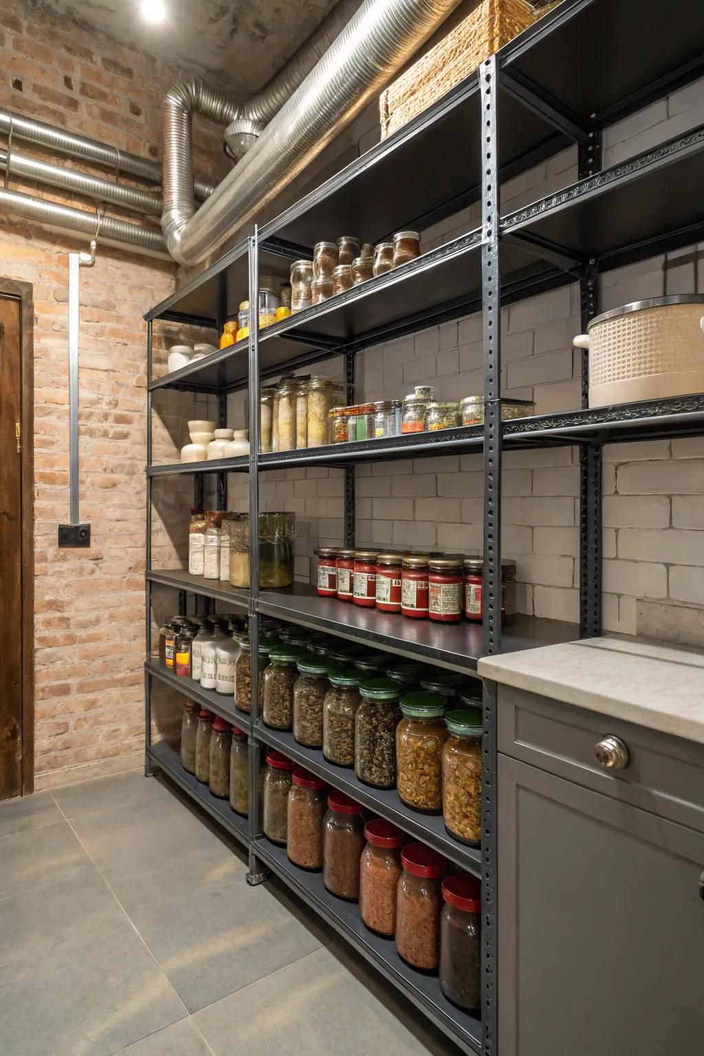 Urban elements crafting an edgy pantry look.