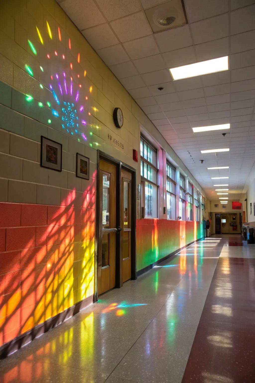 Dynamic light display on a school wall