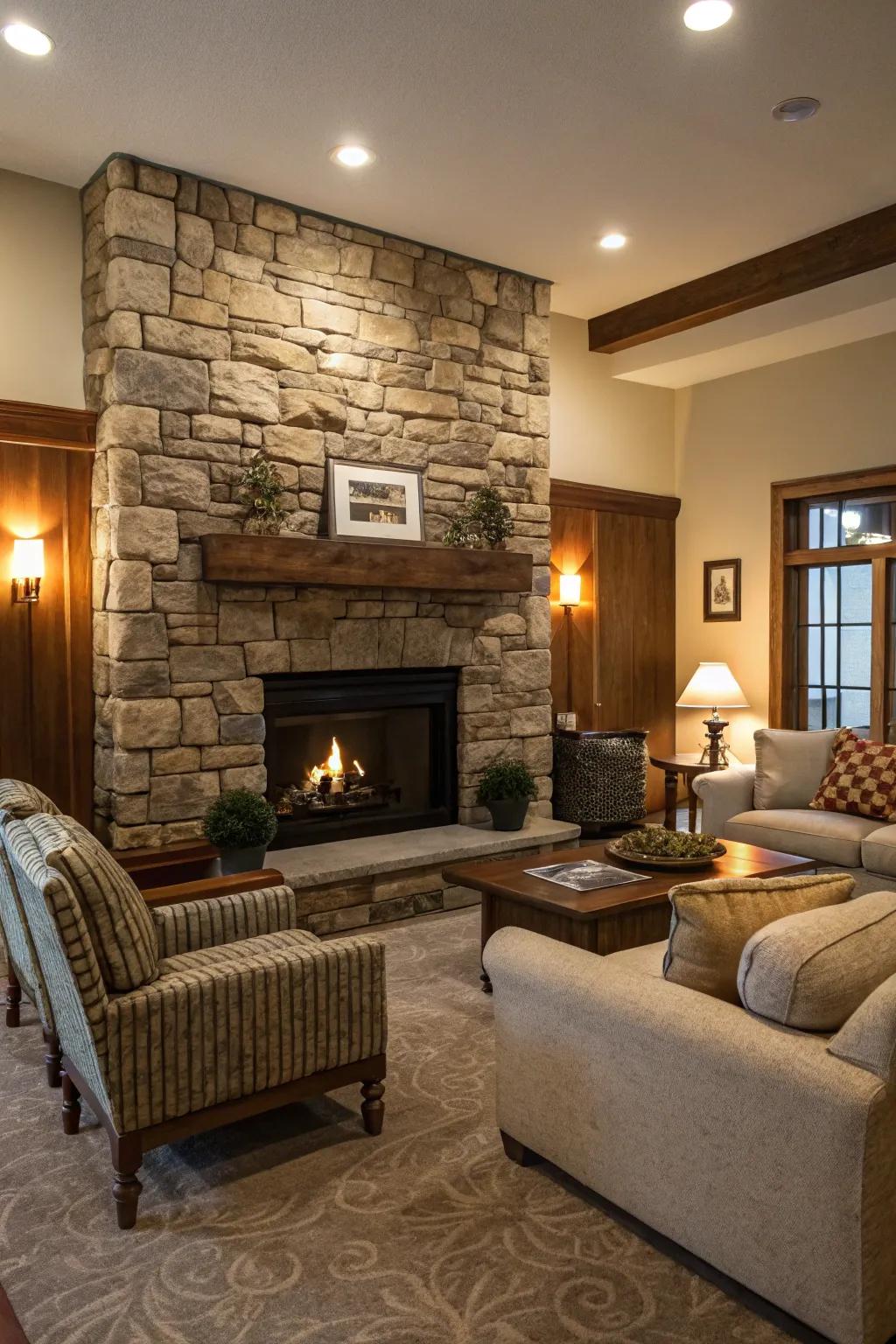 Rock paneling brings country elegance to living areas.
