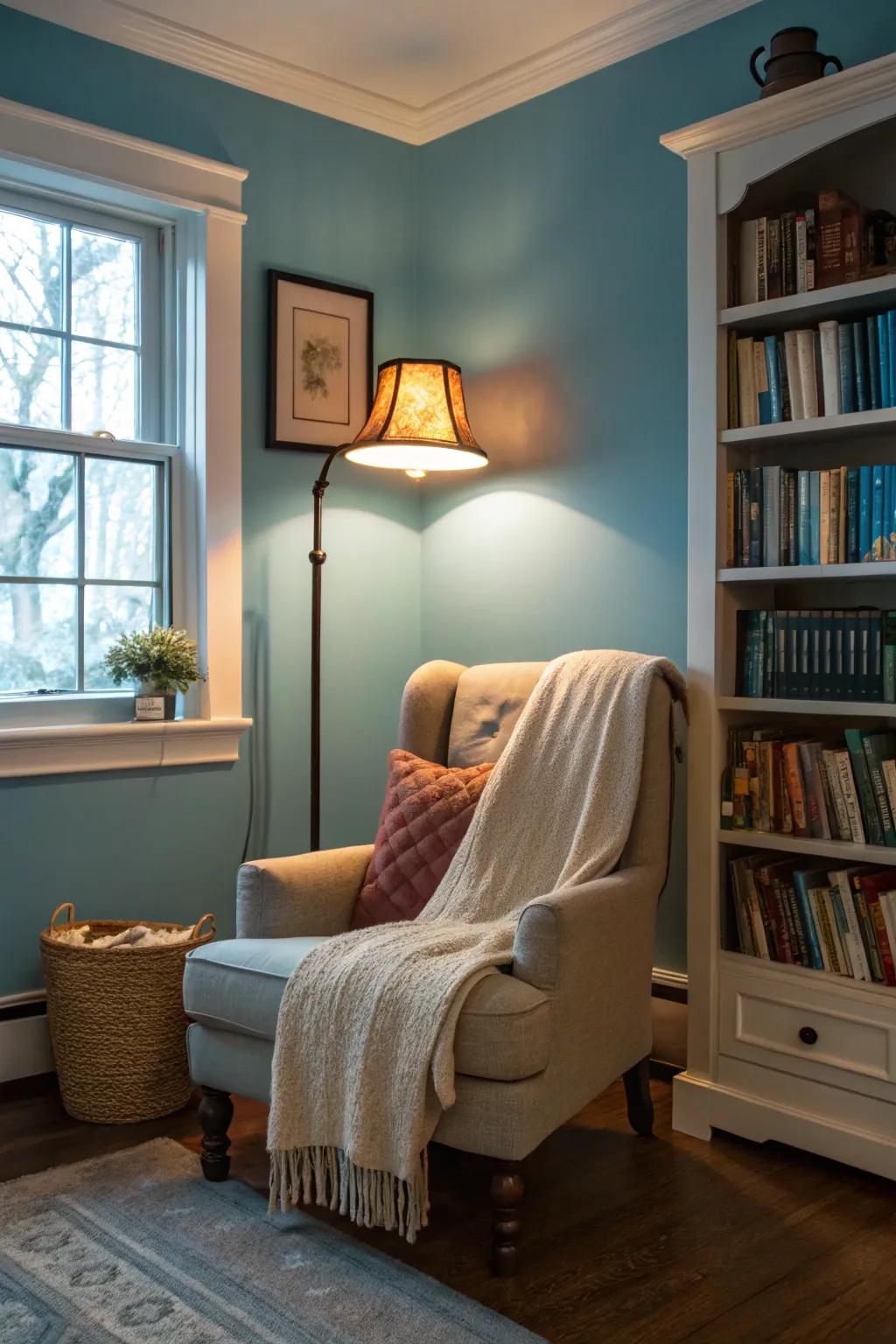 Create a cozy reading nook with the comforting embrace of warm blue walls.