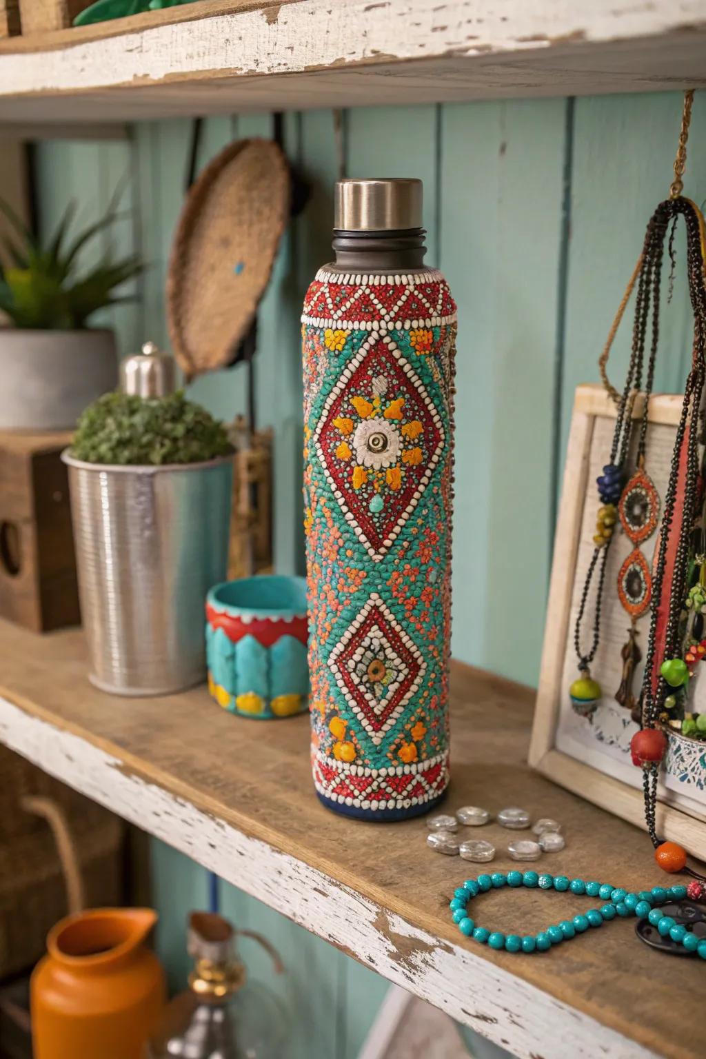 An elegant hydration container adorned via elaborate beadwork.