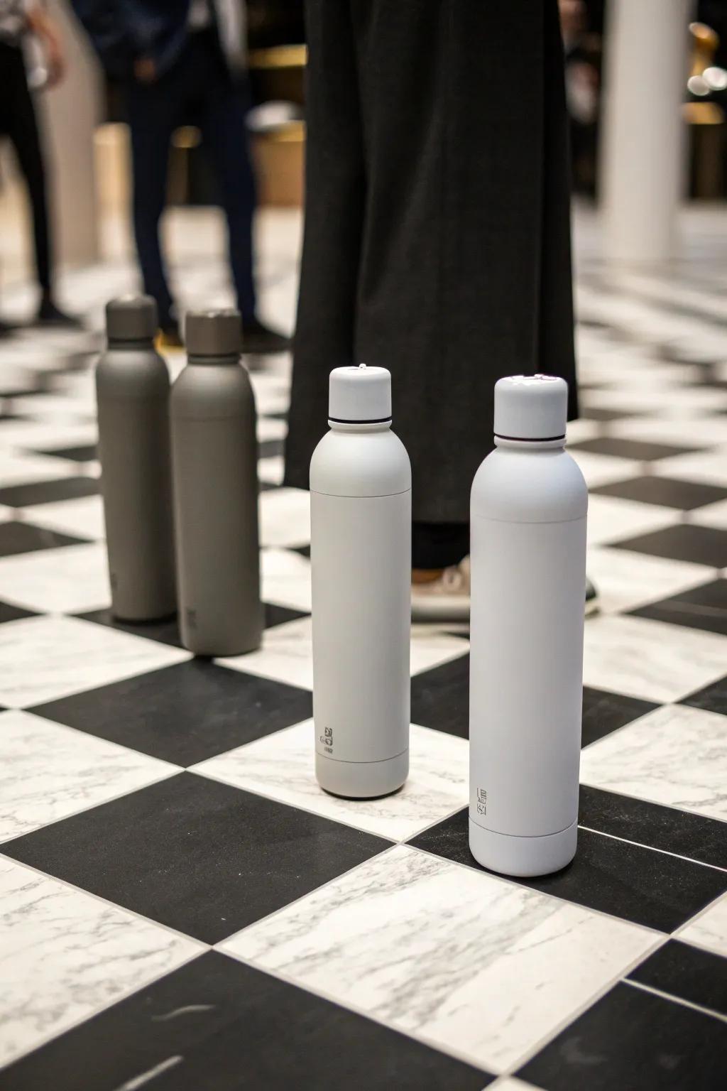 Monochromatic elegance through simplified hydration bottle artistry.
