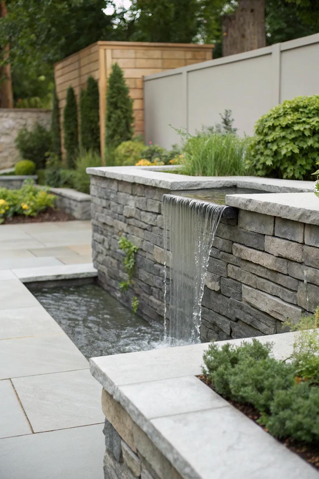 A sleek garden cascade showcasing a minimalist stone partition design.