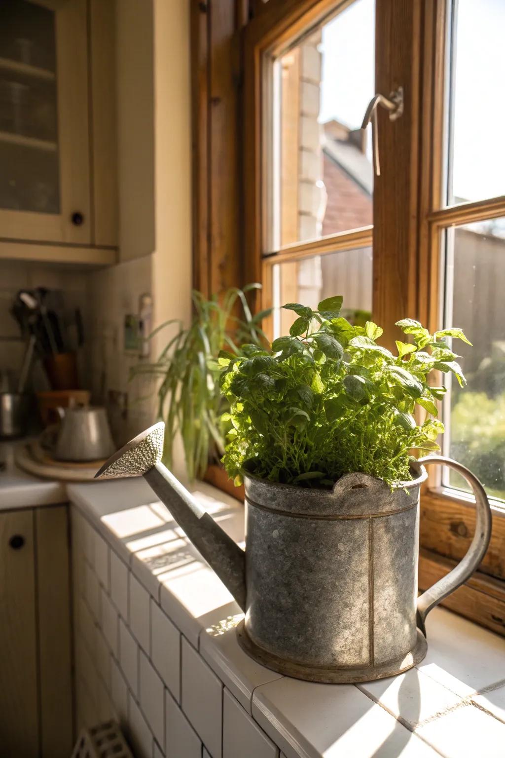 A cooking area flavorings garden employing a watering can.