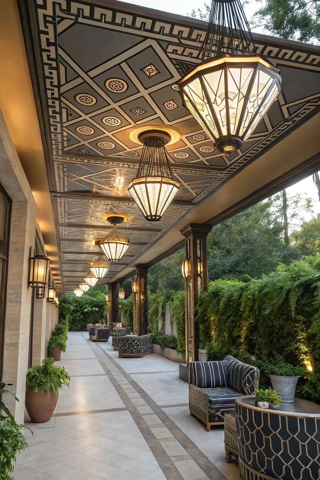 Art Deco lights infuse a touch of vintage glamour into your outdoor space.