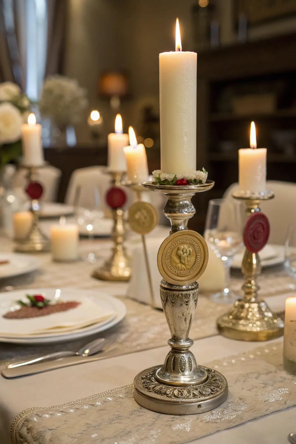 Light stands enhanced with wax seals, creating a stunning and elegant centerpiece.