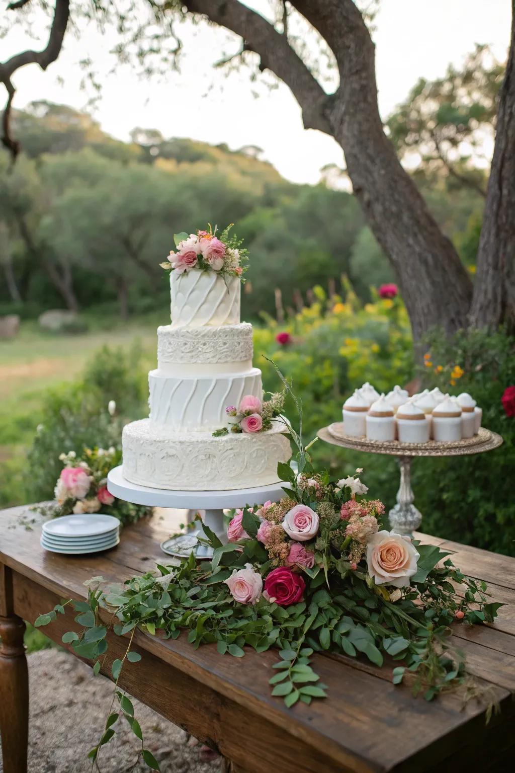 A wedding cake beautifully set against a natural background.