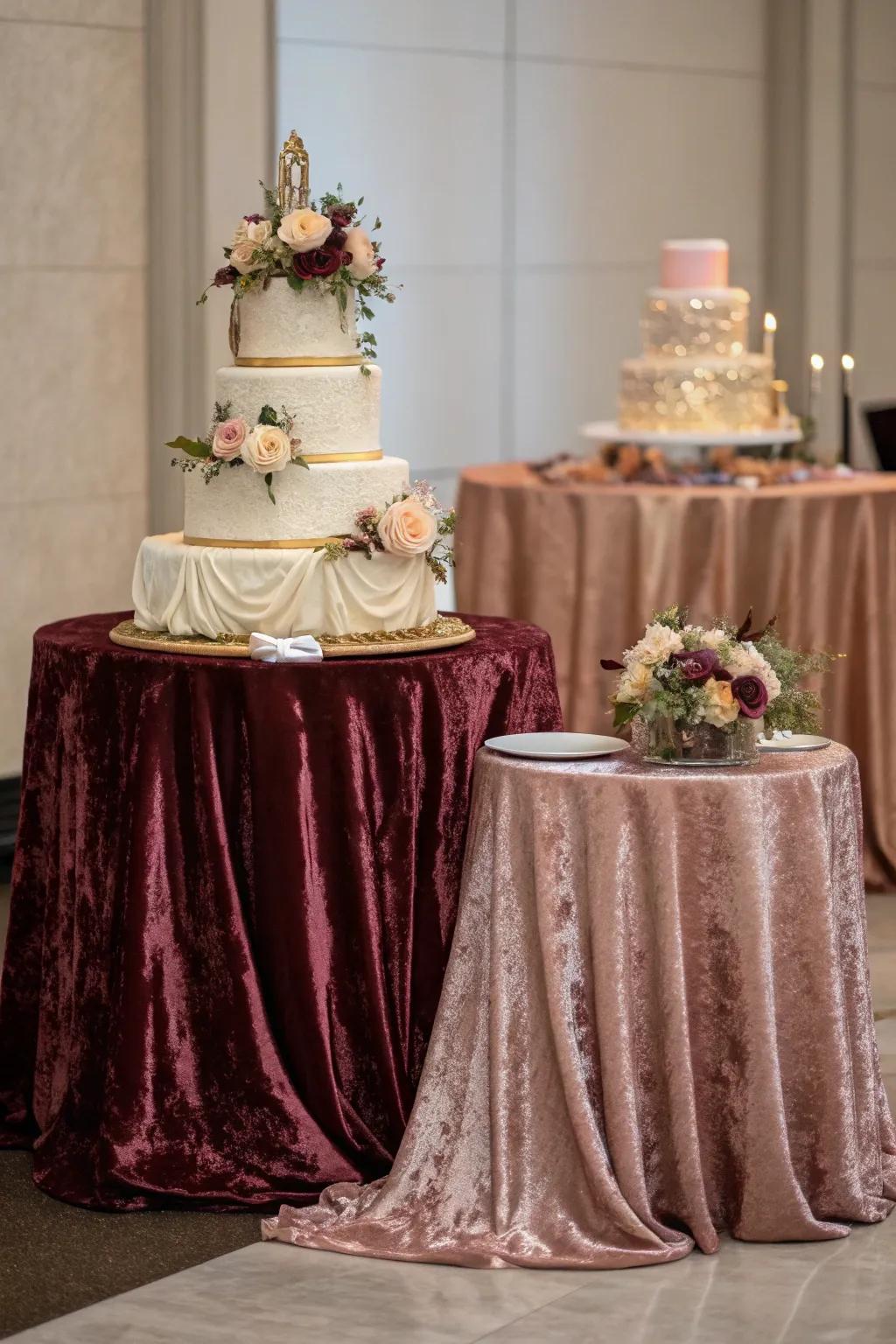 Opulent textiles elevate the cake display's appeal.