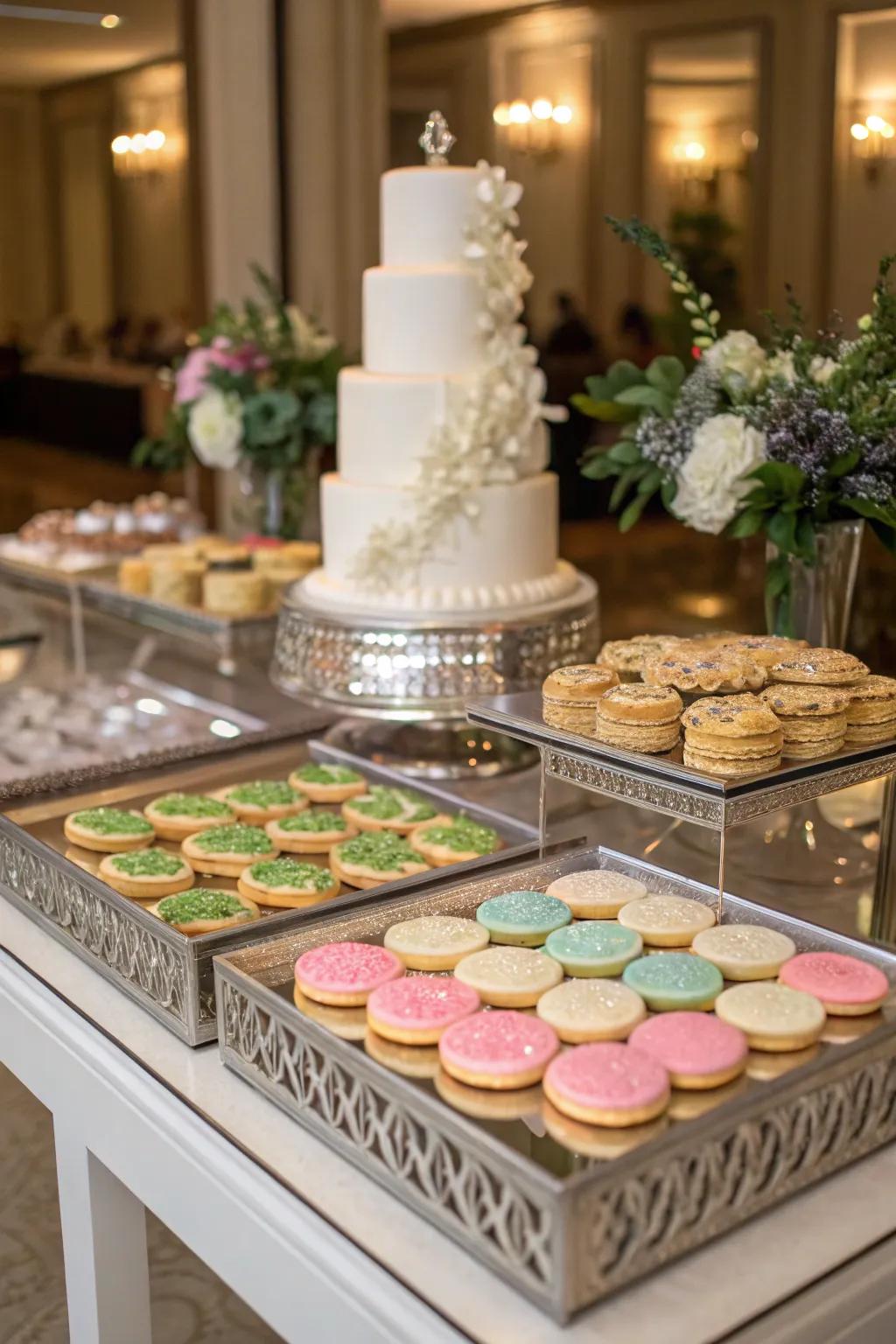 Perspex reflectors contribute depth and glamor to a wedding cookie arrangement.