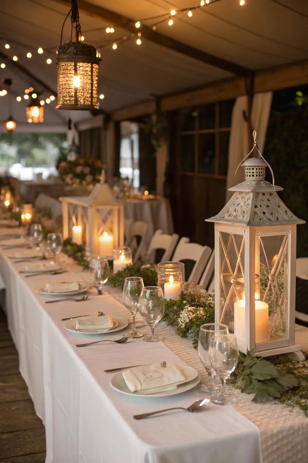 Unaltered lanterns infuse allure and delicate illumination into nocturnal receptions.