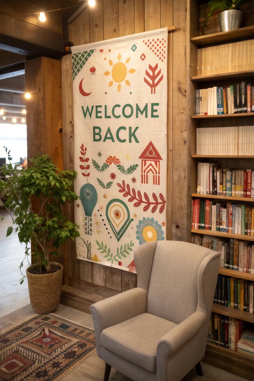 Local cultural motifs on a poster create a cozy reading nook.