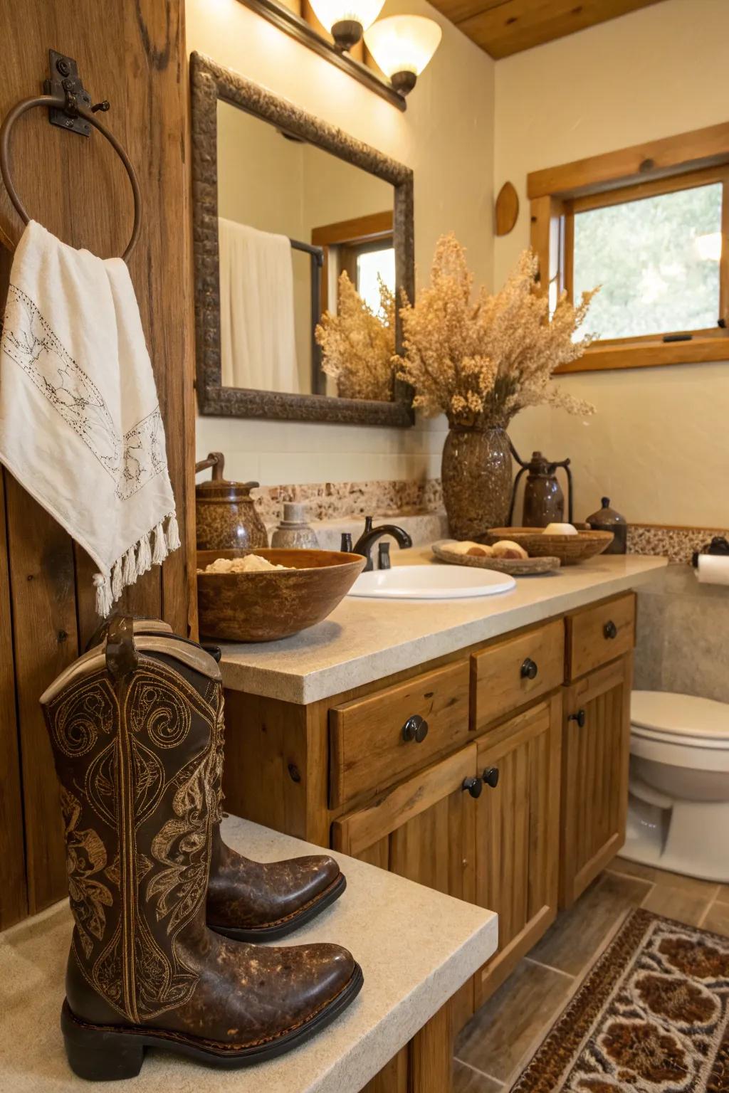 A fun Western element is added by unique vases.