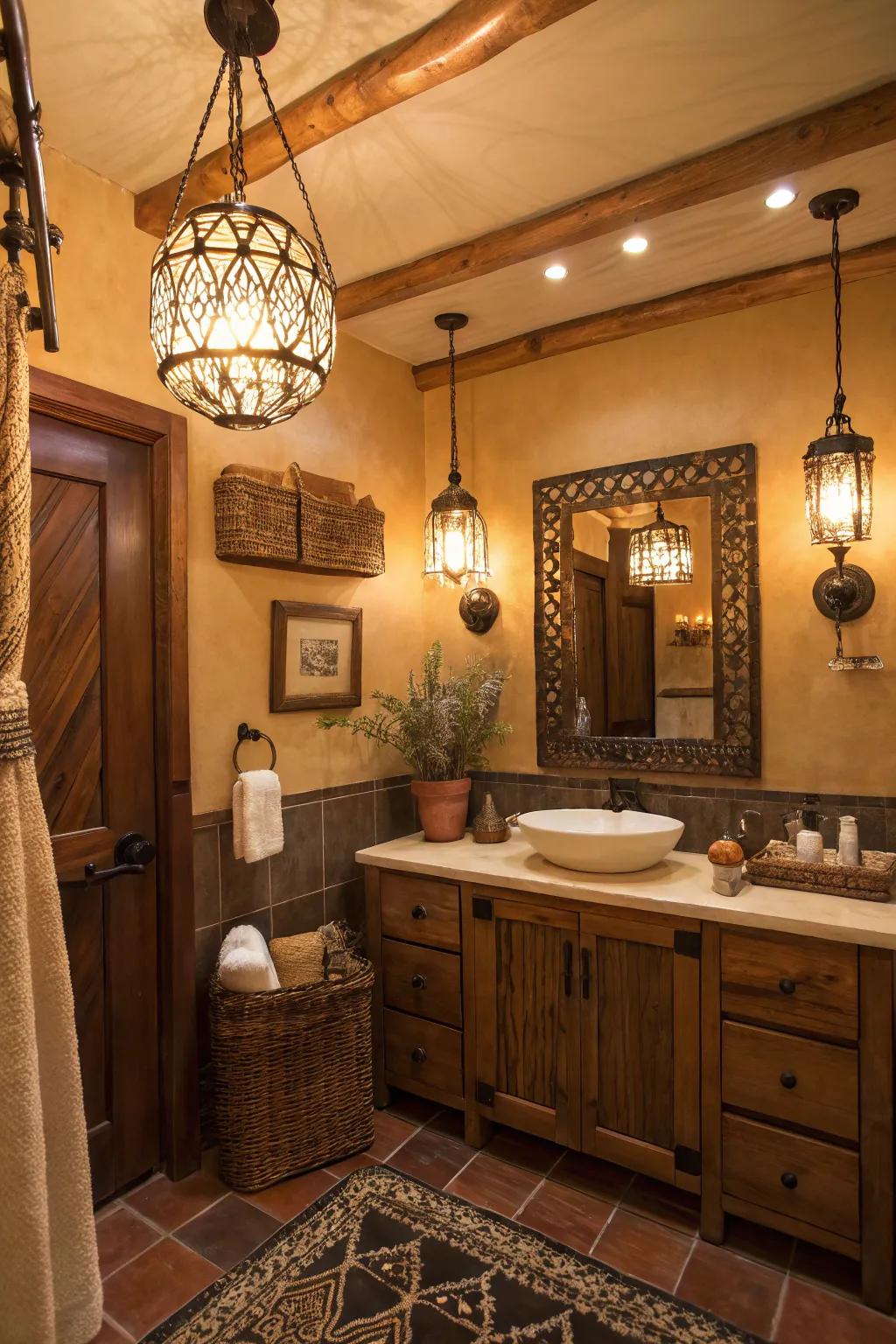 Vintage accent lights introduce charm to this Western bathroom.