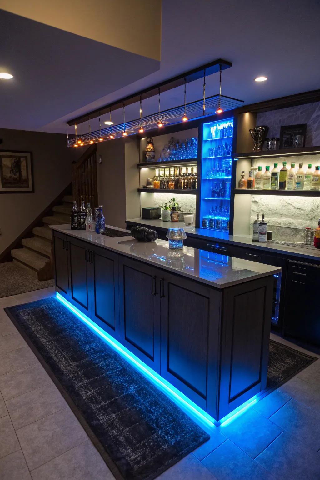 Create a warm and modern ambiance with LED strip lighting under shelves and counters.