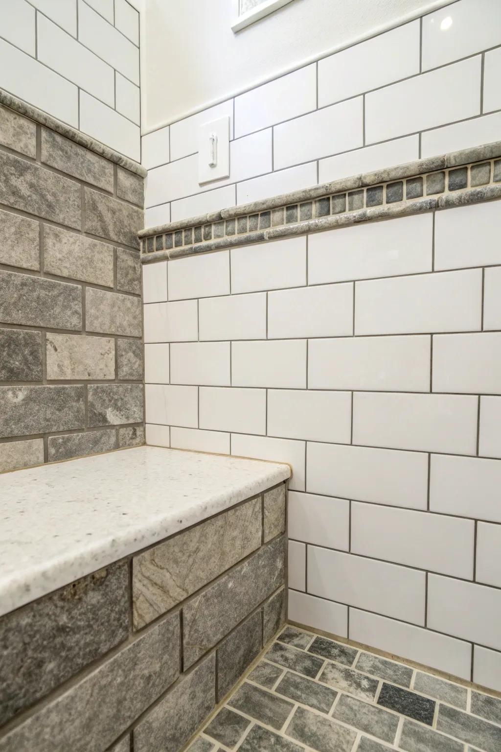 Stony neutral cement enhances the inherent grace of white tiles.