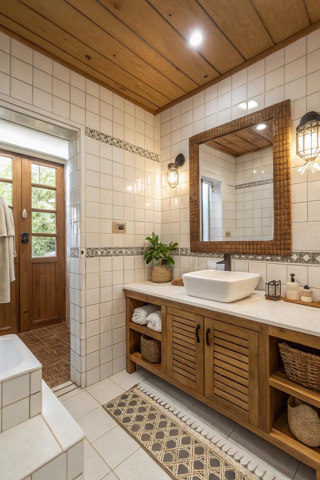 Earthy tones add warmth and balance to white tiles.