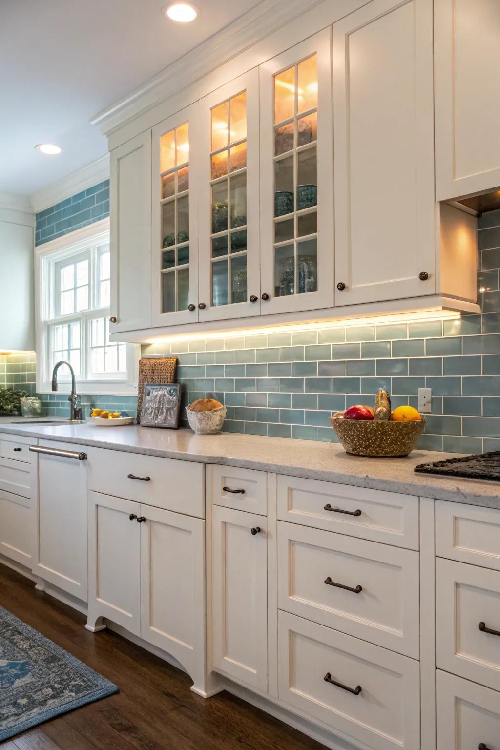 Aqua-toned cladding emitting calmness within a pristine unit cooking space.