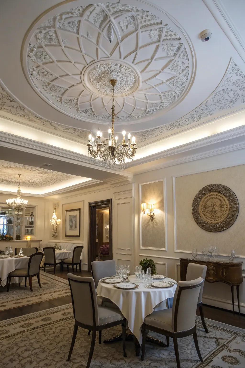 An exquisite dining space featuring a white ceiling and decorative rosette enhancing its allure.