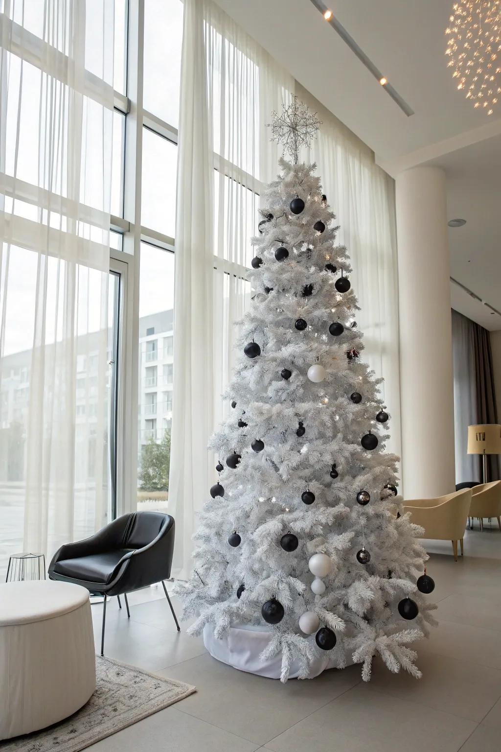 Refined ebony and chalk motif on a white Christmas tree.