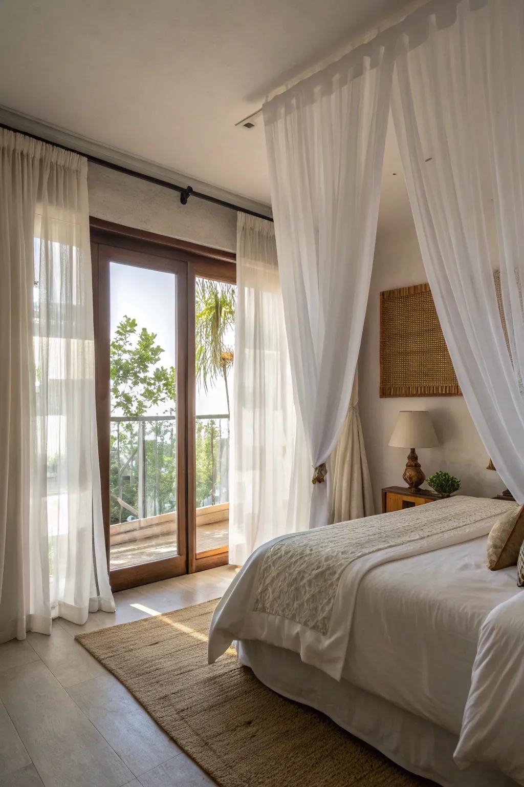 Lined pale drapes offer seclusion and style in this bedroom.