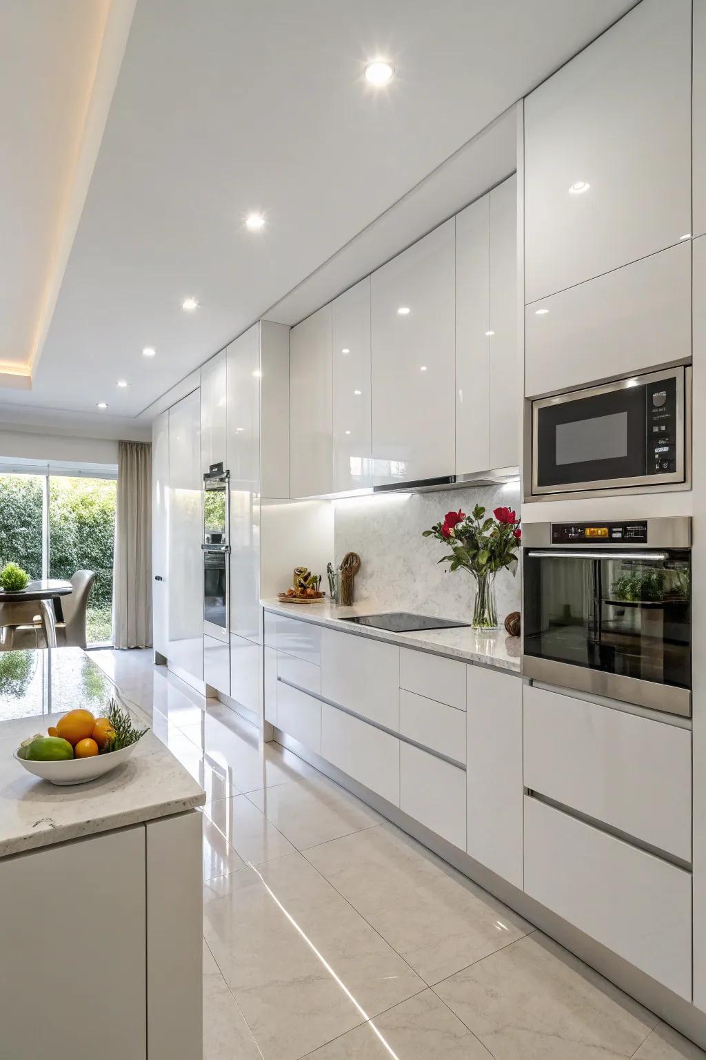 Integrated systems offer a smooth look in white kitchens.