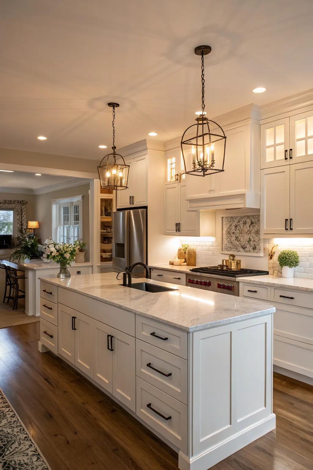 Layered illumination creates a warm environment in the white kitchen.