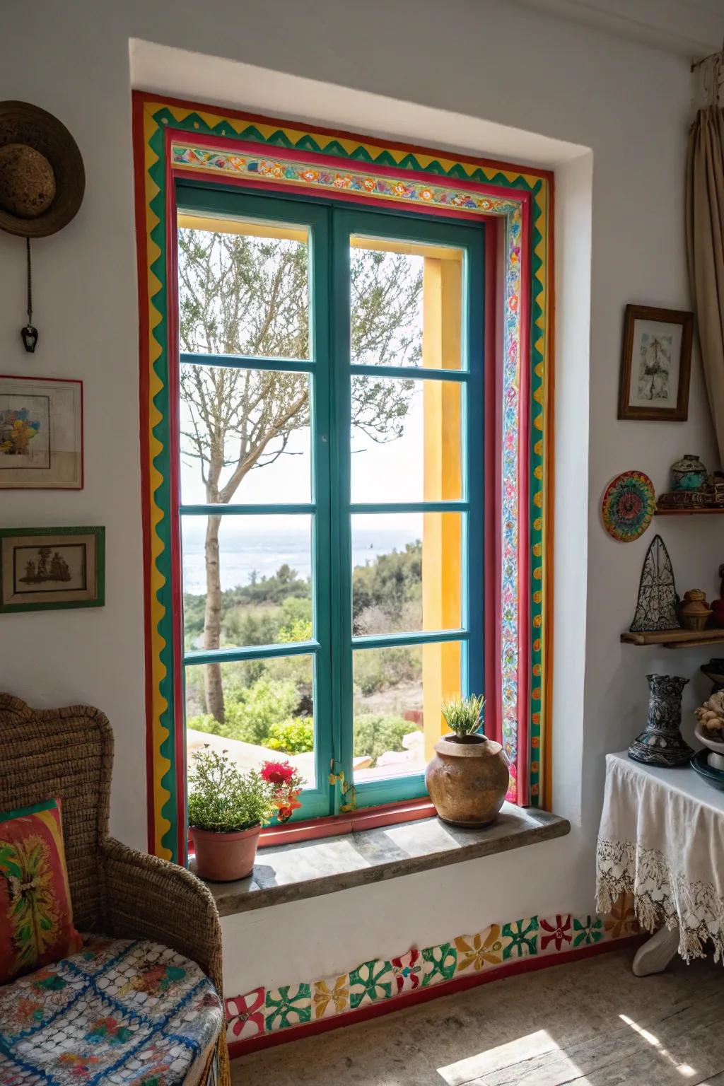 Colorful window edging contributes character and emphasis.