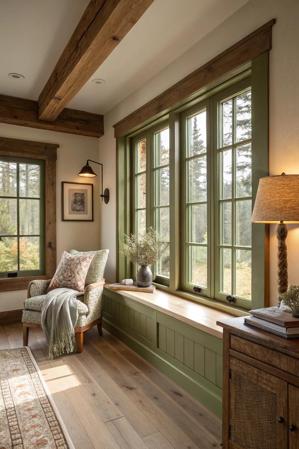 Moss green trim offers earthy warmth to a cozy room.