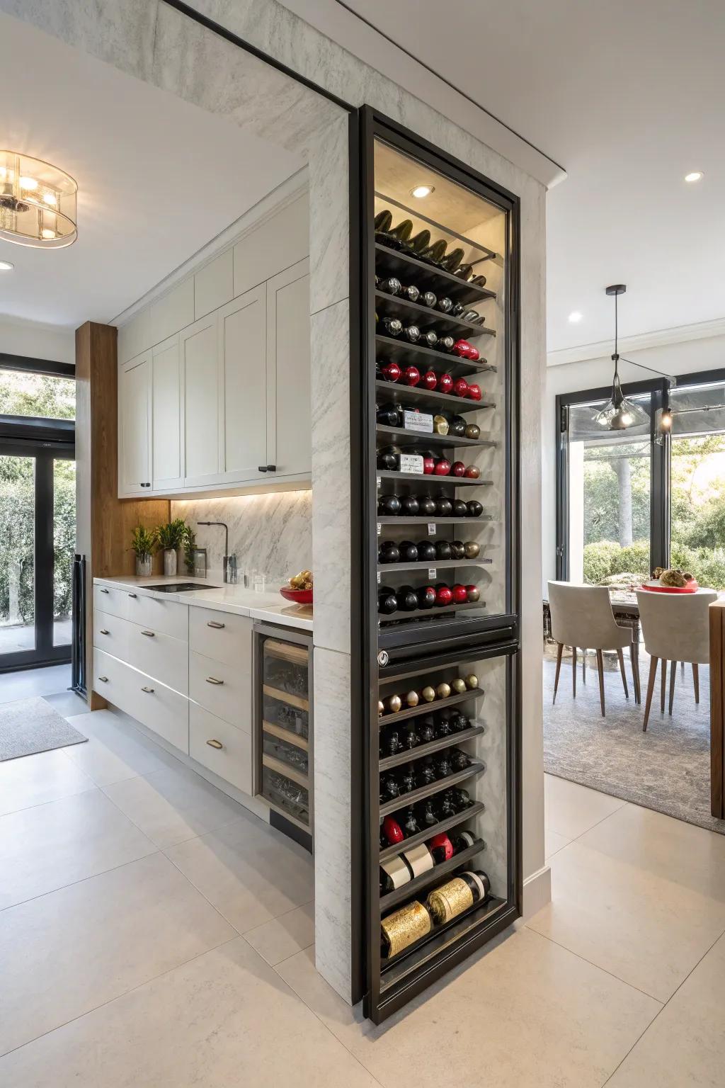 Open frame rack displaying wine bottles with elegance.
