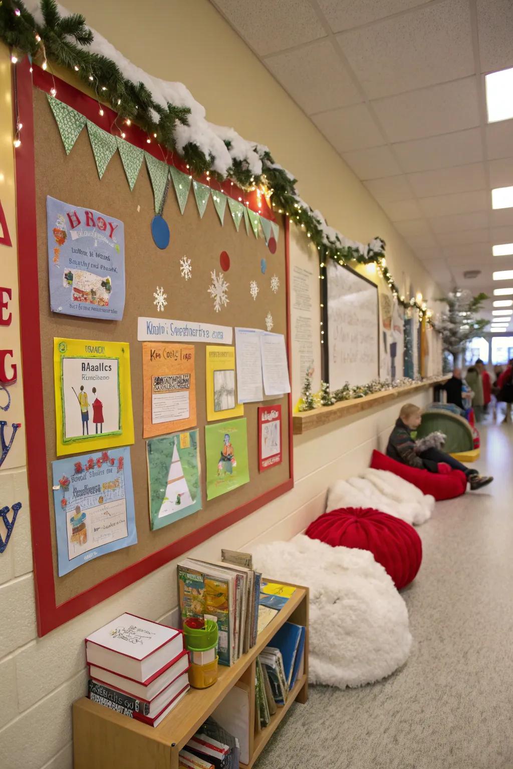 A snowy narrative corner beckons children to immerse themselves in the realm of literature.