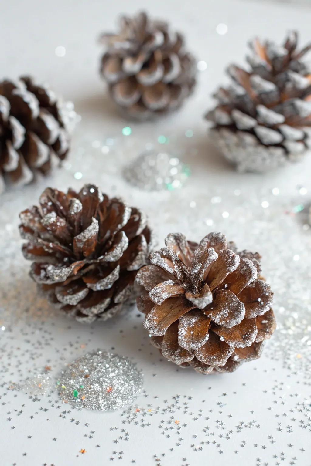 Frosted woodland cones add a hint of winter shimmer.