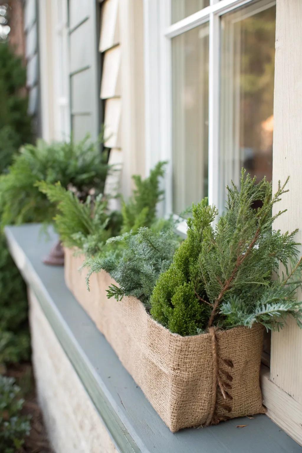 A burlap wrap adds rustic charm to this winter window box.