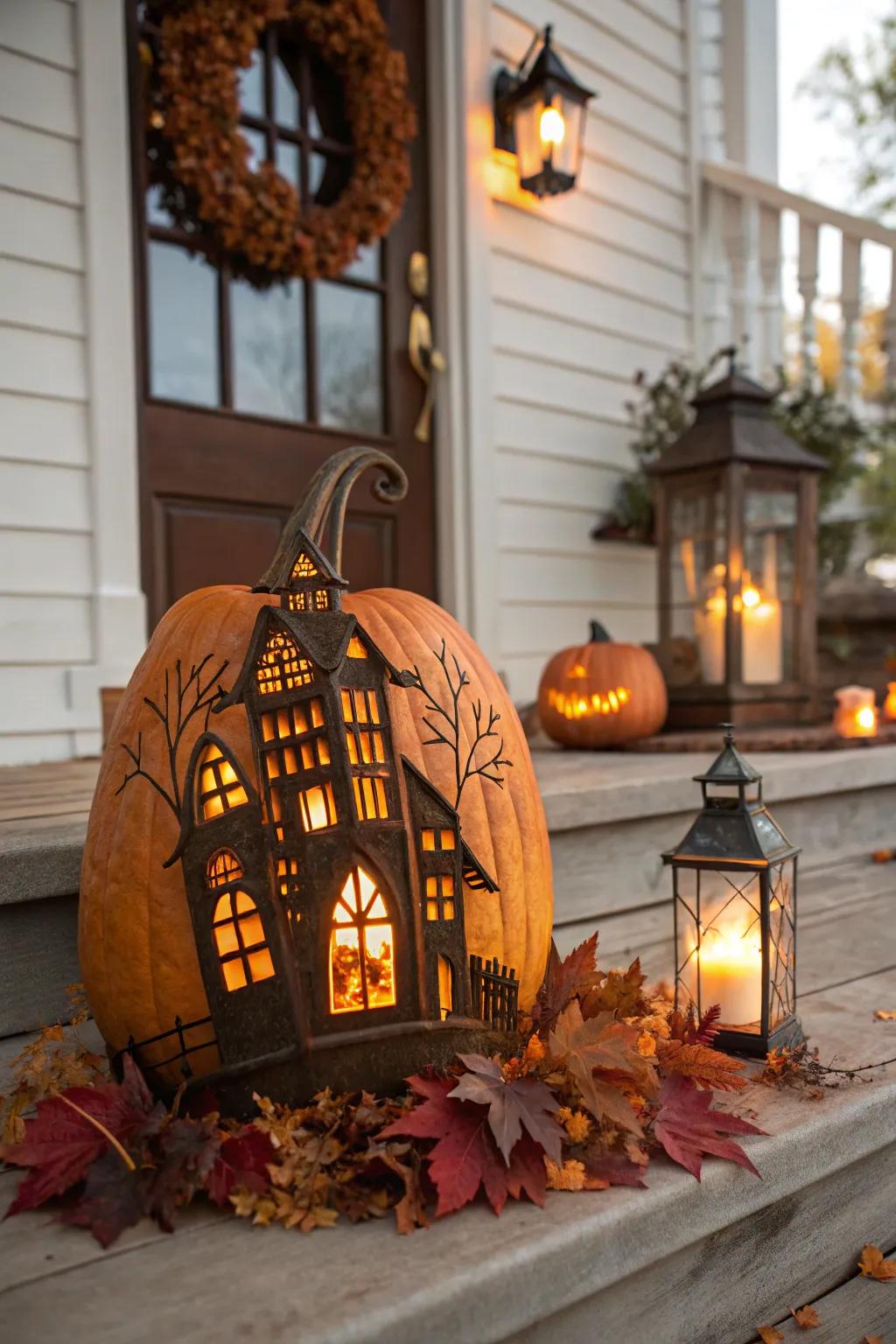 Gourd transmuted into a spooky ghastly abode.