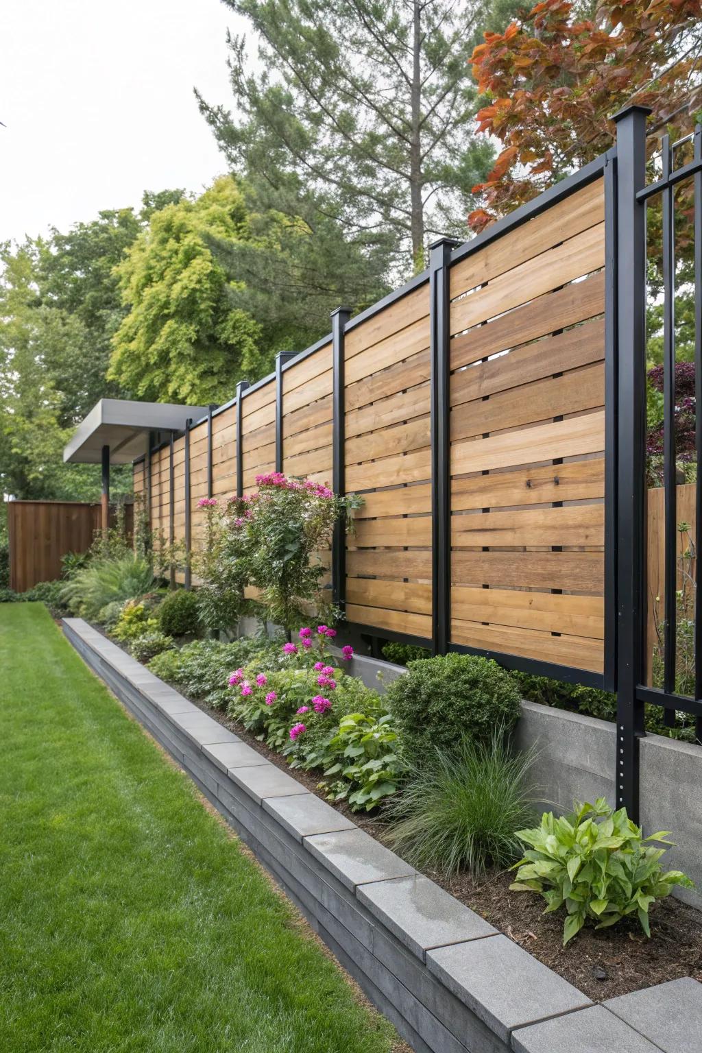 A spectacular fence styled with floating timber panels and steel braces.