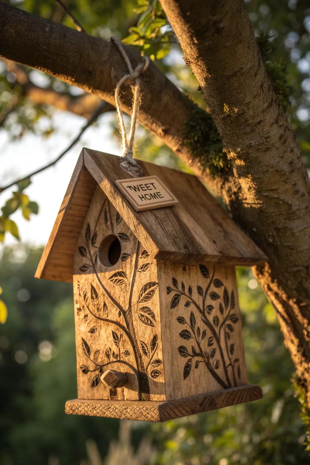 Welcome feathered friends with a charming 'Tweet Home' birdhouse.